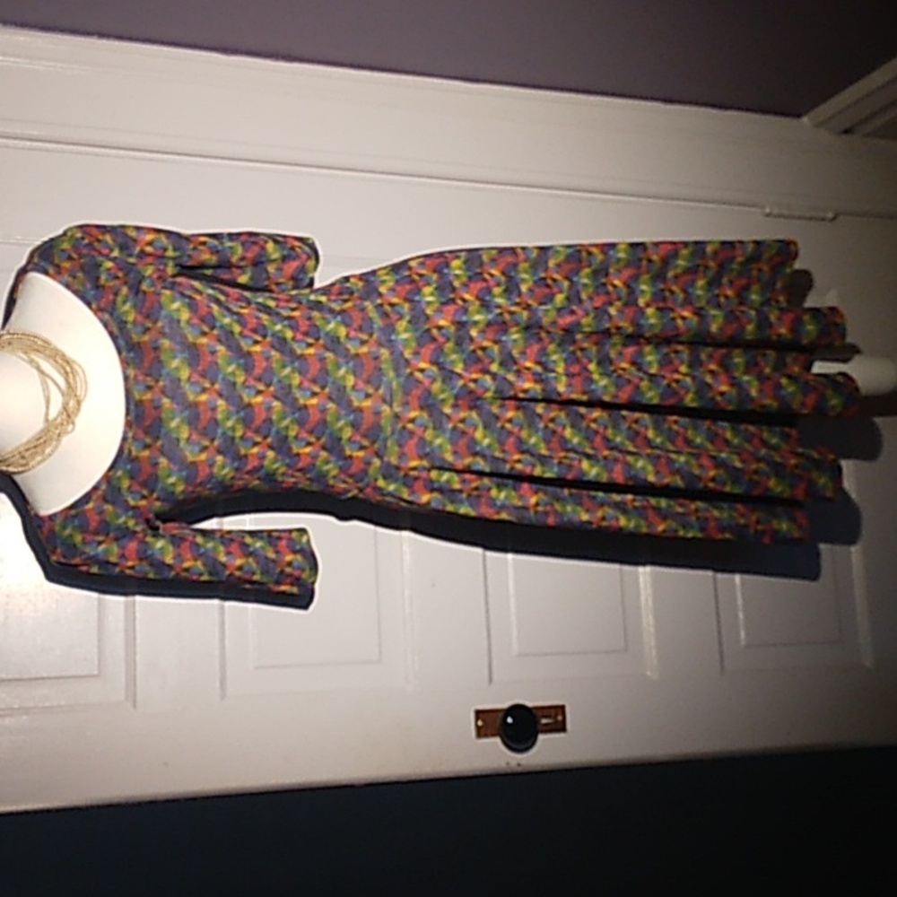 "LuLaRoe" flared and pleated dress, multi color, mid sleeve, sz S.